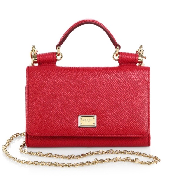 Dolce & Gabbana-Red100% Leather Gold Tone Metal Chain Sicily Von Mini Bag Wallet - Picture 1 of 5